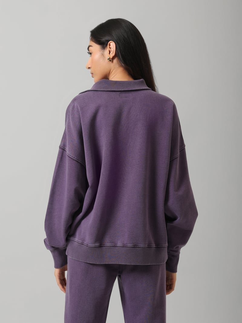 Plum Cotton Terry Diagonal Zip-Neck Polo Sweatshirt