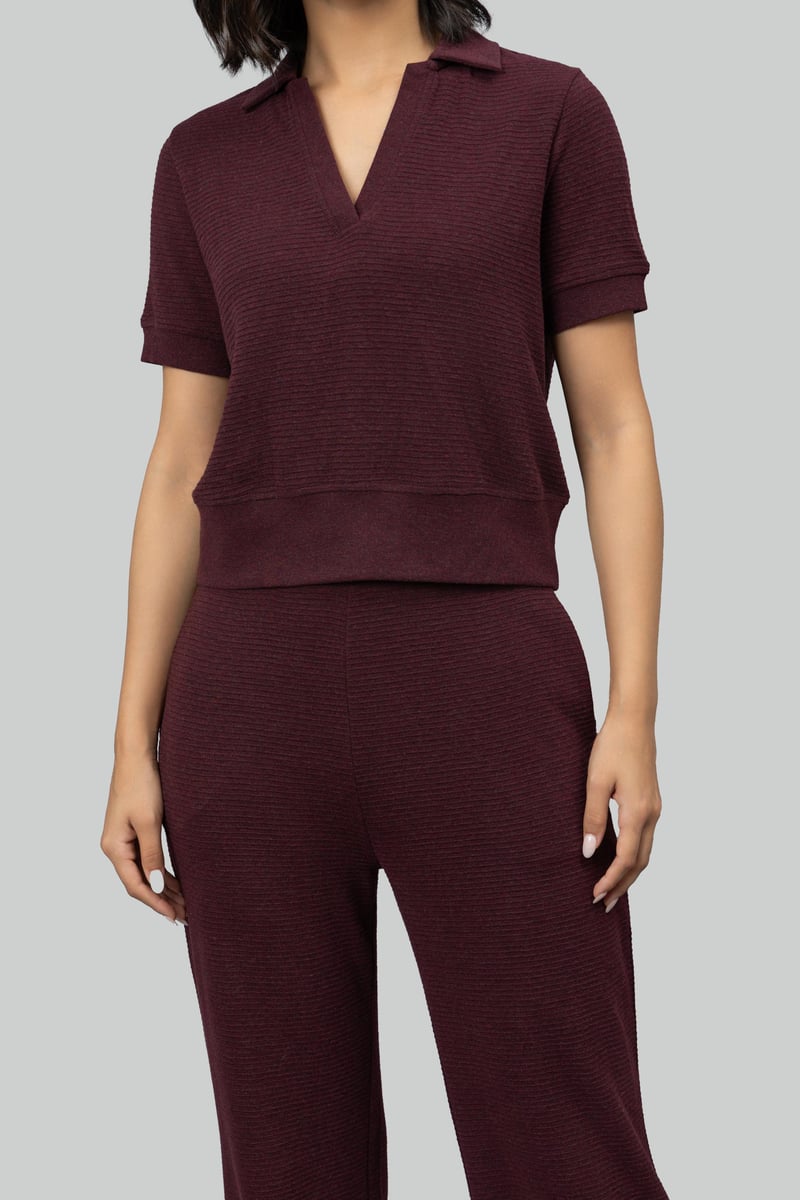 Burgundy Ottoman Rib Cropped Polo Top