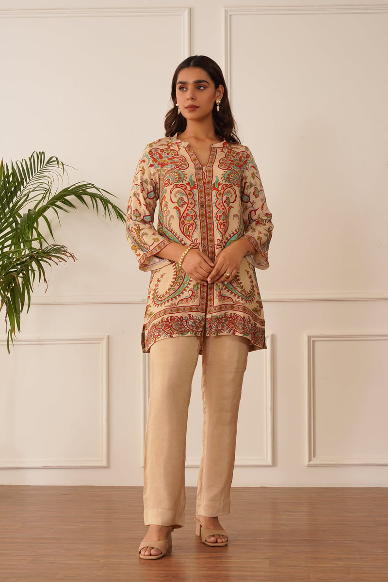 Beige Printed Crepe Co-ord Set with Straight Pants