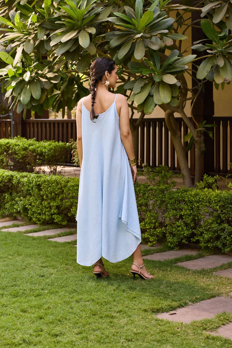 Light Blue Asymmetrical Hem Strappy Maxi Dress