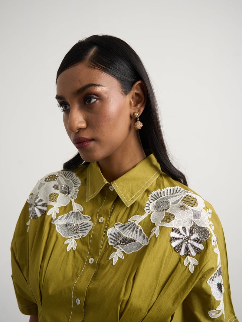Green Embroidered Button-Down Cotton Midi Shirt Dress