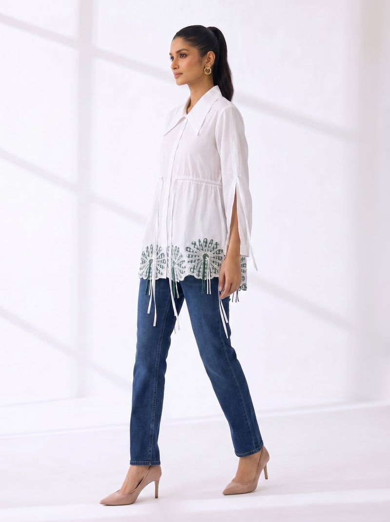 White Cotton Tunic Shirt with Floral Cutwork Hem