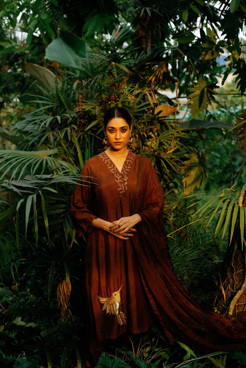 Brown A-Line Embroidered Kurta Set with Dupatta