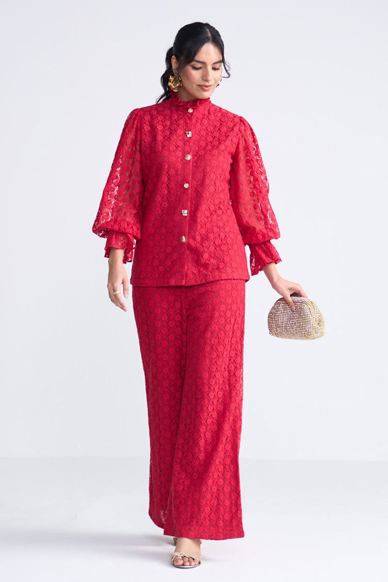 Red Lace Button-Front Co-ord Set with Flared Pants