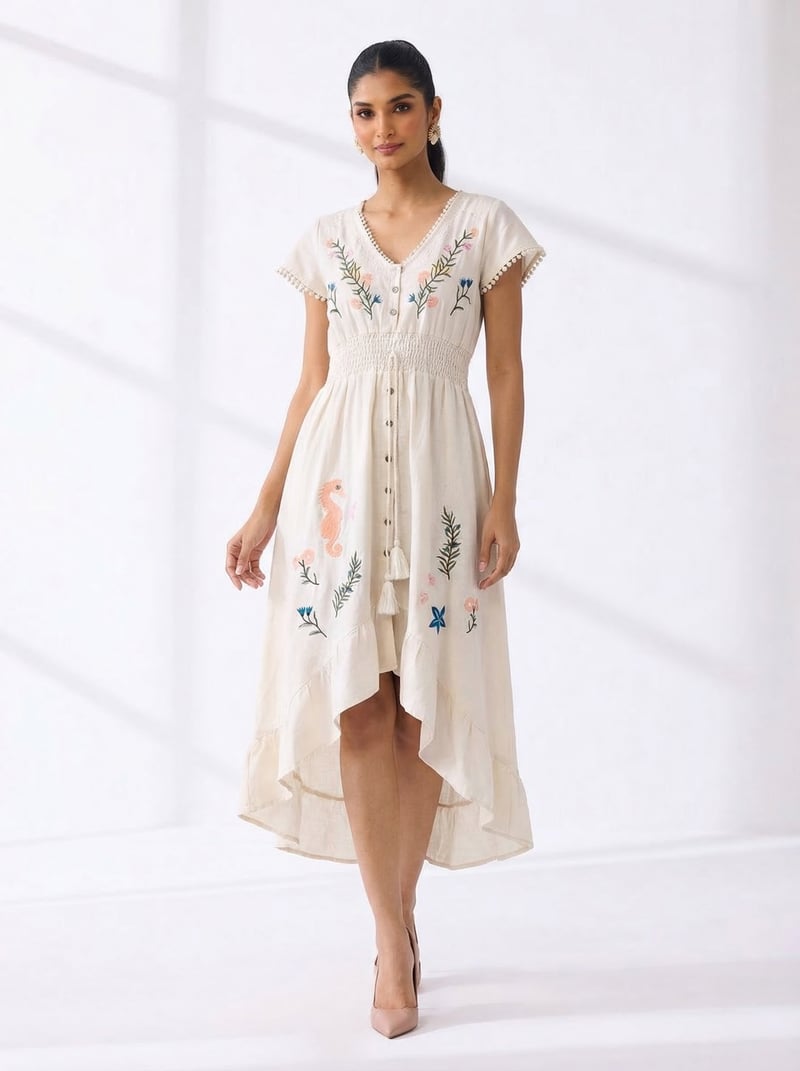 Natural Embroidered Smocked Waist Midi Dress — ROBIN