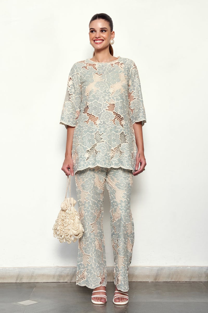 Blue Cotton Lace Kurta and Wide-Leg Pants Co-ord Set — AVERIE