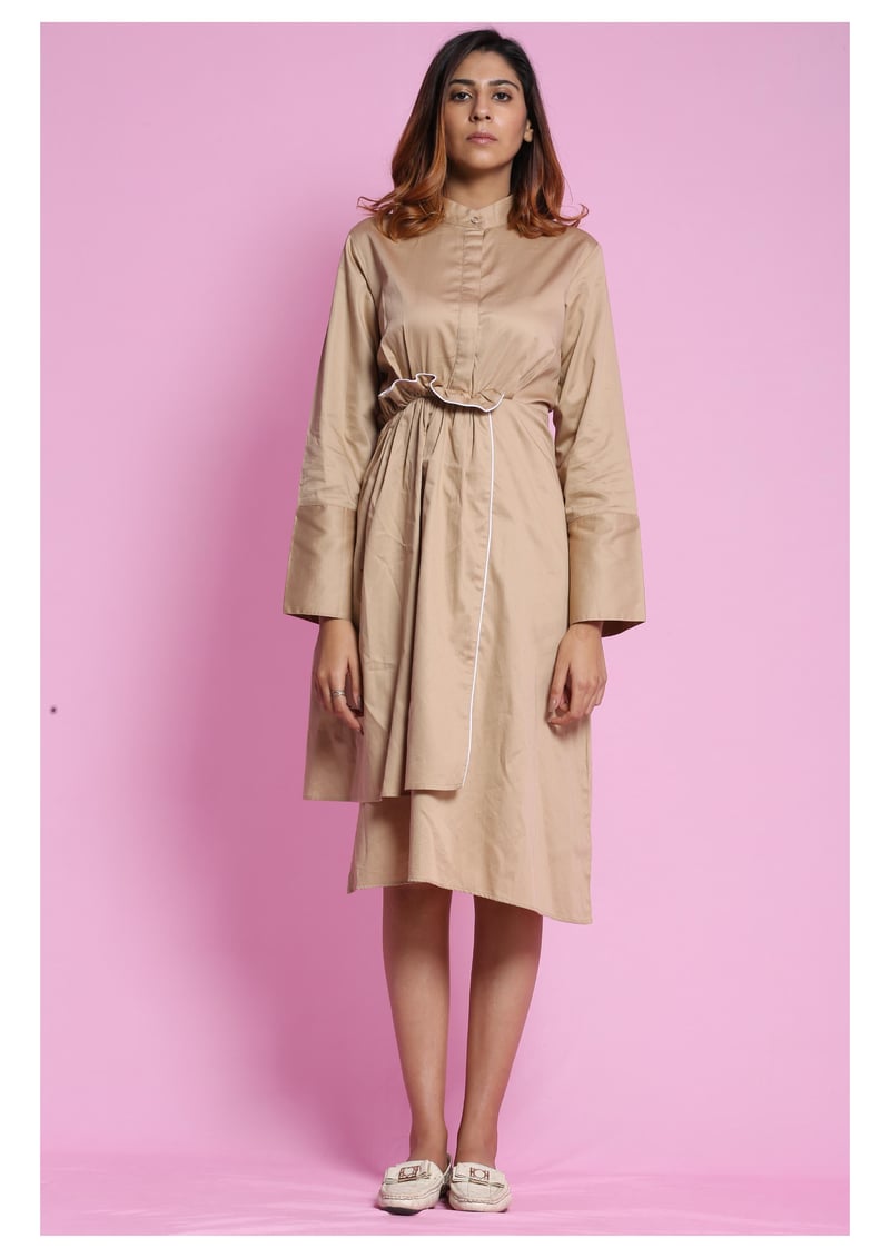 Black Cotton Satin Asymmetrical Midi Shirt Dress