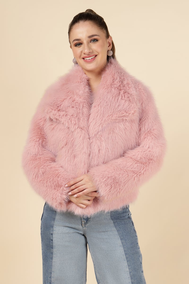Pink Cropped Faux-Fur Jacket with Lapel Collar