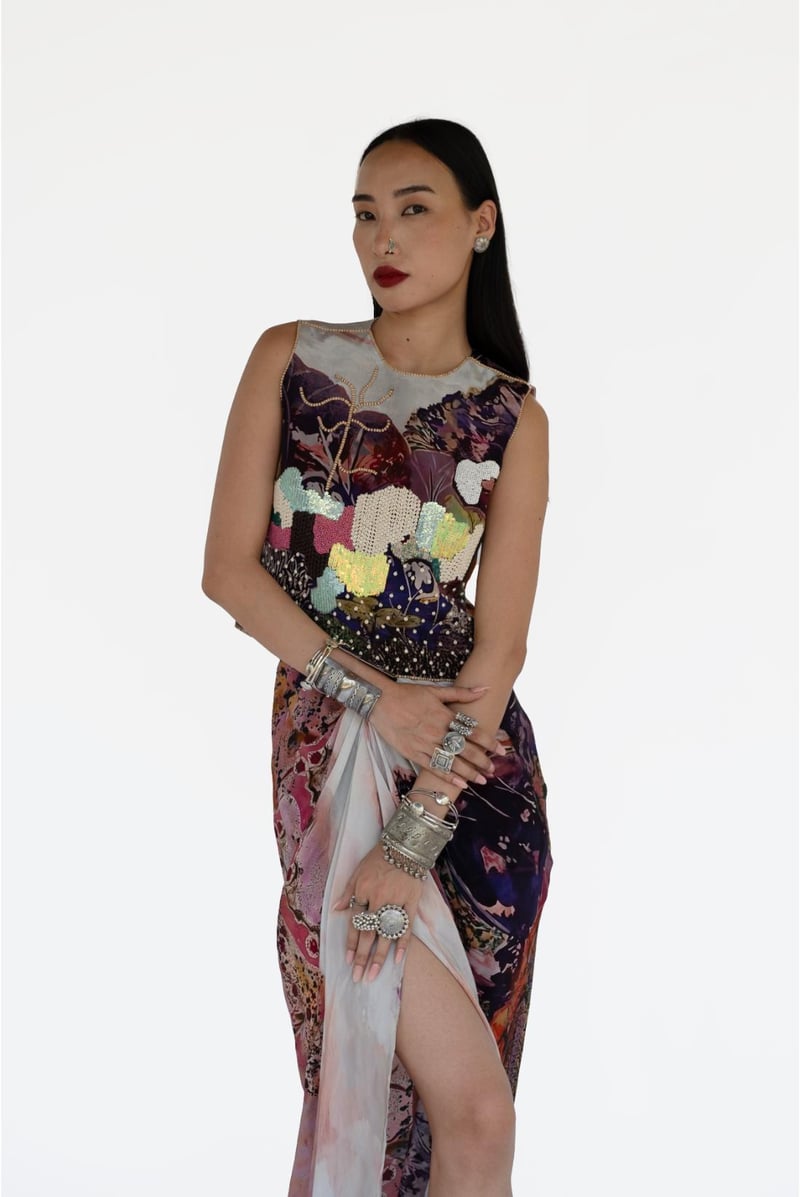 Rose Pink Printed Blouse and Draped Maxi Skirt Co-ord Set