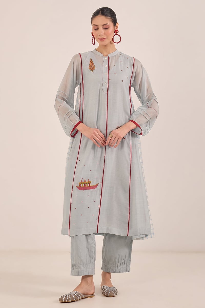 Powder Blue Chanderi Kali Kurta Set with Red Piping