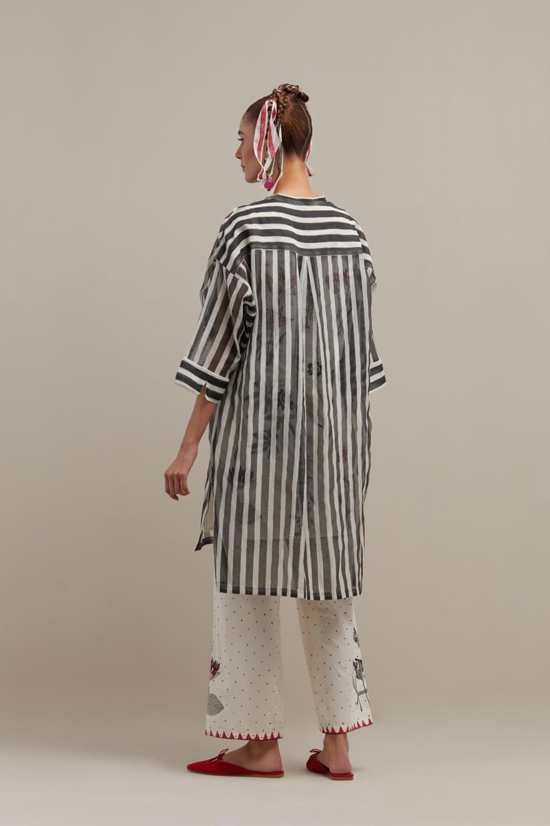 Black & Off-White Kurta With Straight Pants