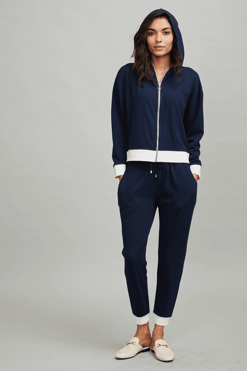 Navy and White Tapered Joggers with Drawstring Waist