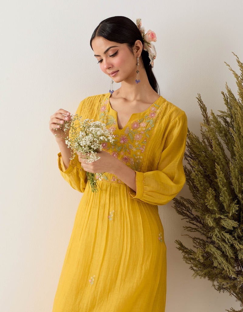 Mustard Chanderi Embroidered Yoke Kurta Set