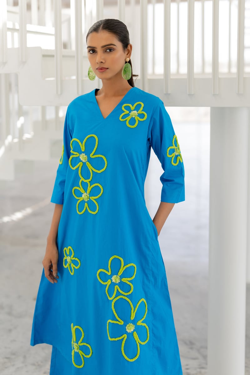 Blue Floral Cord-Embroidered Kurta Set with Pants