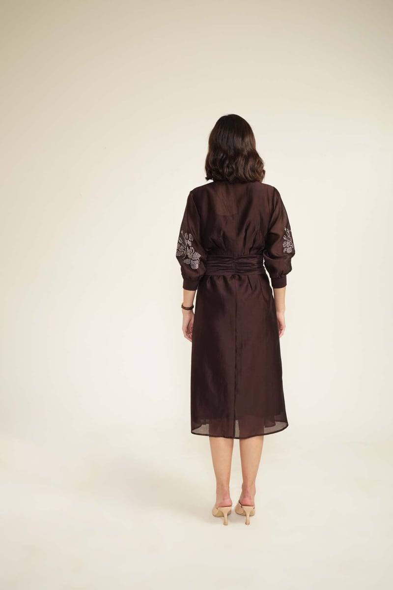 Grape Silk Chanderi Midi Shirt Dress With Hand Embroidery