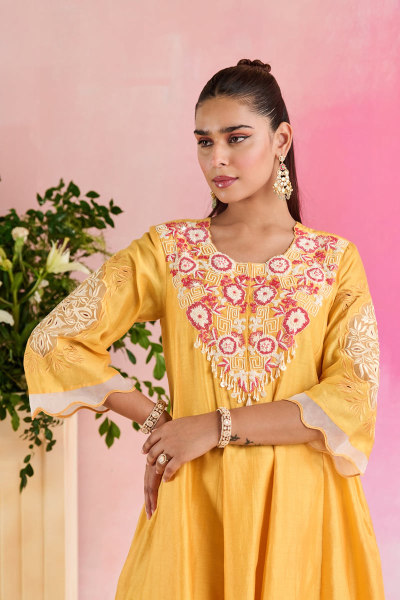 Yellow Chanderi Embroidered Yoke Kurta Set with Dupatta