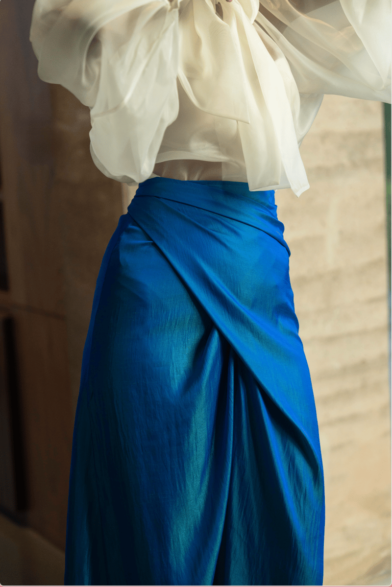 Ultramarine Blue Glossy Chinon Wrap Midi Skirt