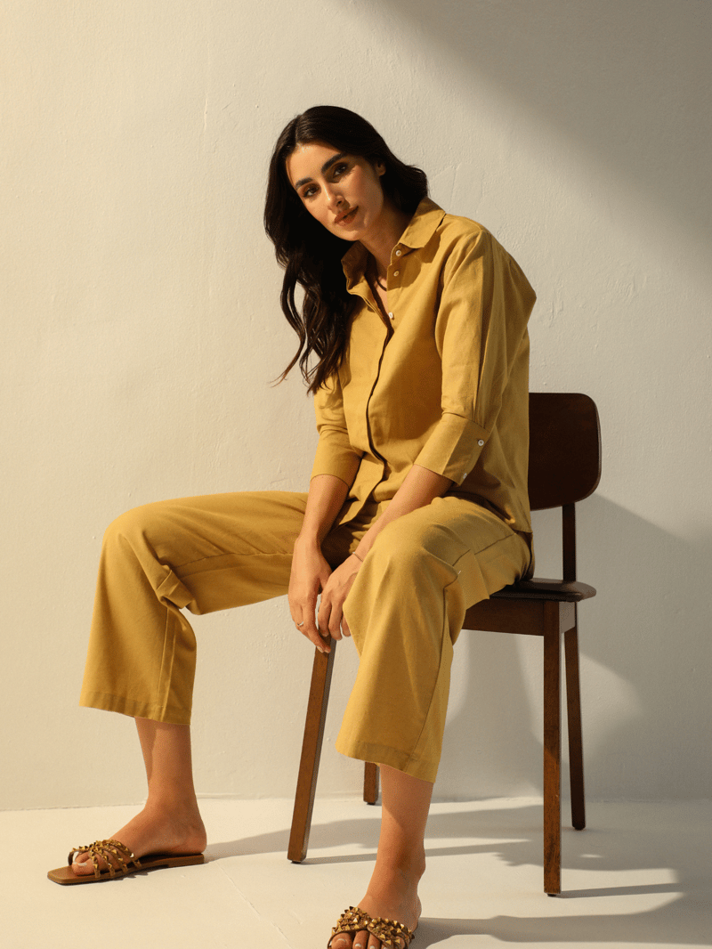 Caramel Cotton-Linen Shirt and Pants Co-ord Set