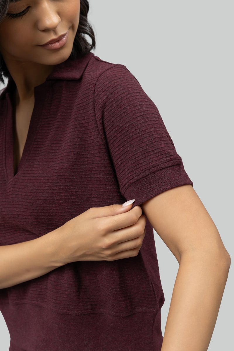Burgundy Ottoman Rib Cropped Polo Top