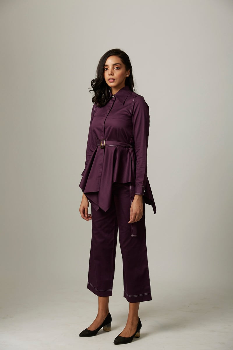 Purple Cotton Satin Shirt and Wide-Leg Pants Co-ord Set