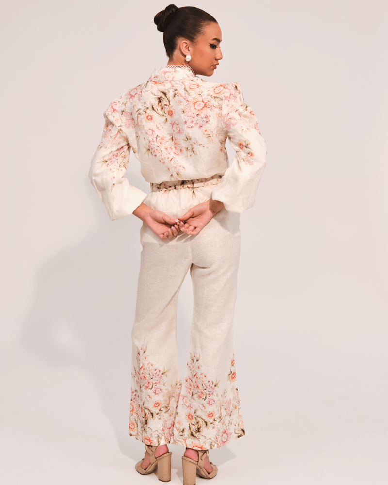 Apricot Floral Linen Shirt and Wide-Leg Pants Co-ord Set