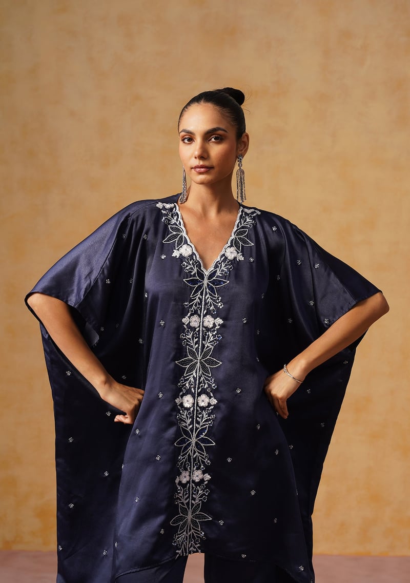 Navy Satin Embellished Kaftan Co-ord Set with Pants