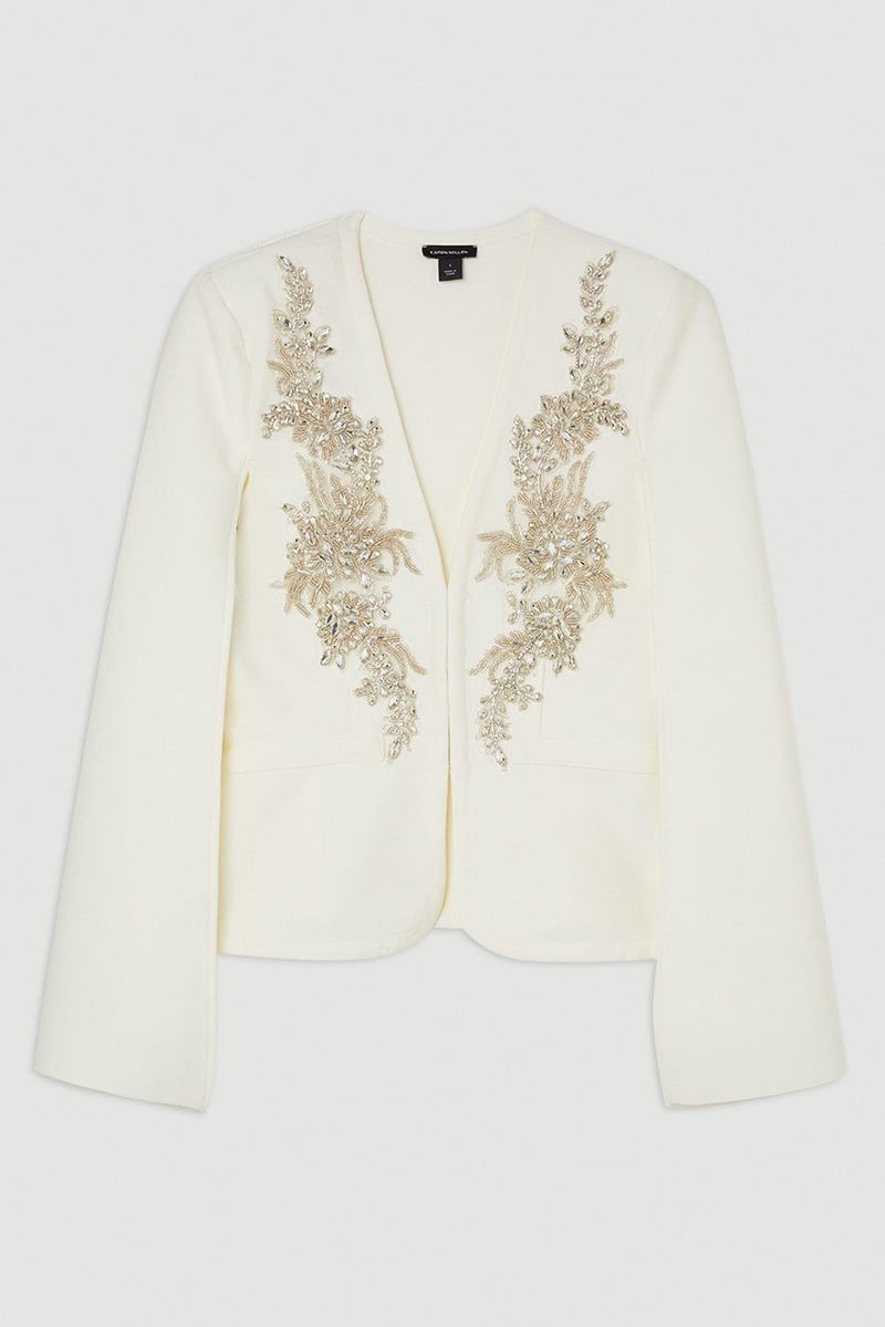 Cream Embellished Cape Sleeve Slim Fit Jacket