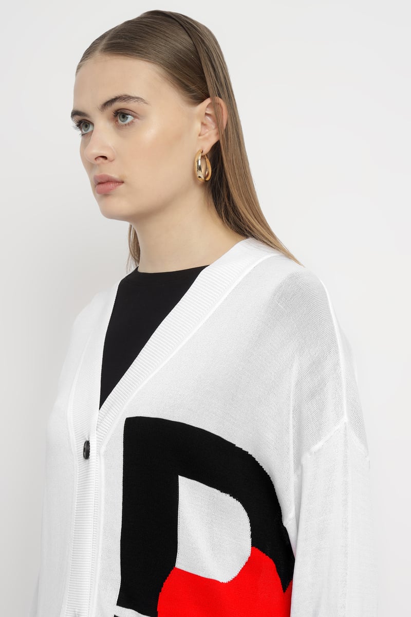 White Colorblock Graphic Button-Up Longline Cardigan