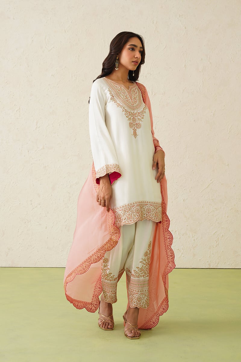 Cream Embroidered Kurta Set with Peach Organza Dupatta