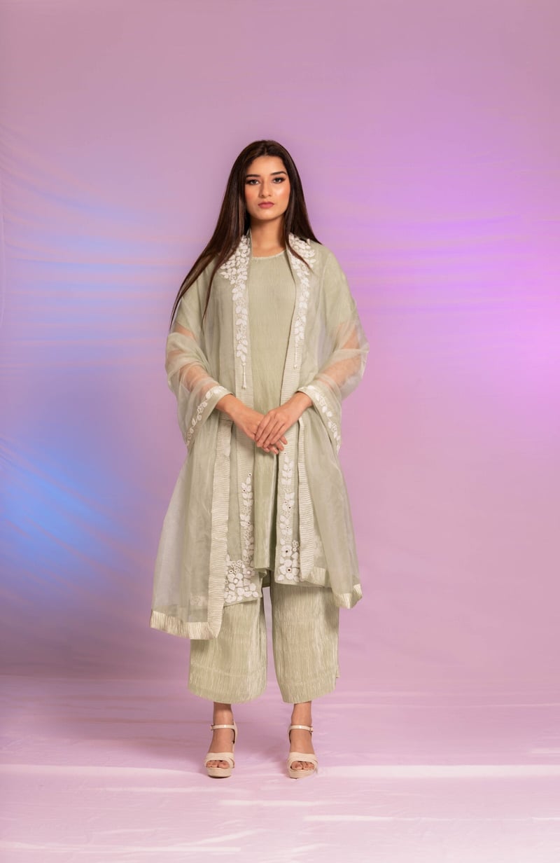 Green Pleated Satin Kurta Set with Pearl-Work Dupatta