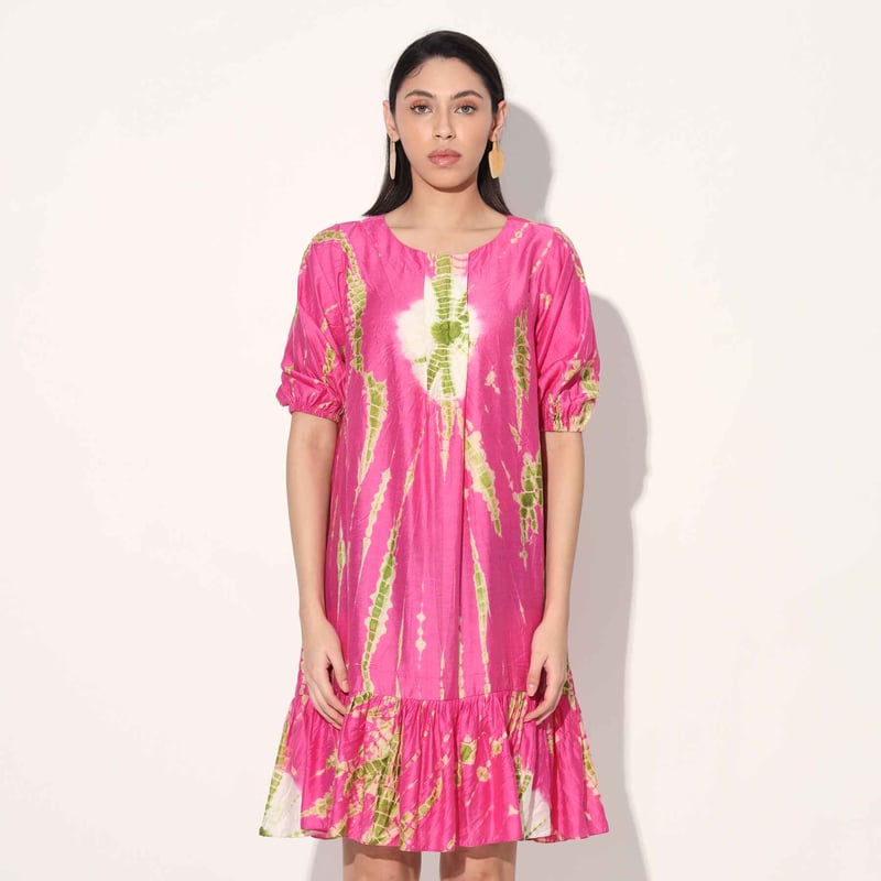 Pink Tie-Dye Tiered Knee-Length Dress