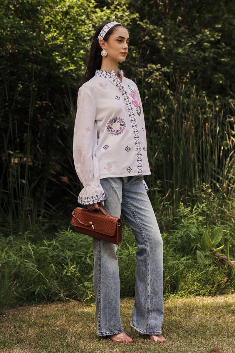 White Cotton Linen Embroidered Mandarin Collar Blouse