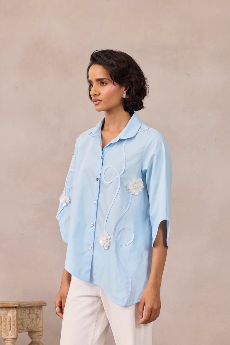 Frost Blue Applique Button-Down Shirt with Wave Hem