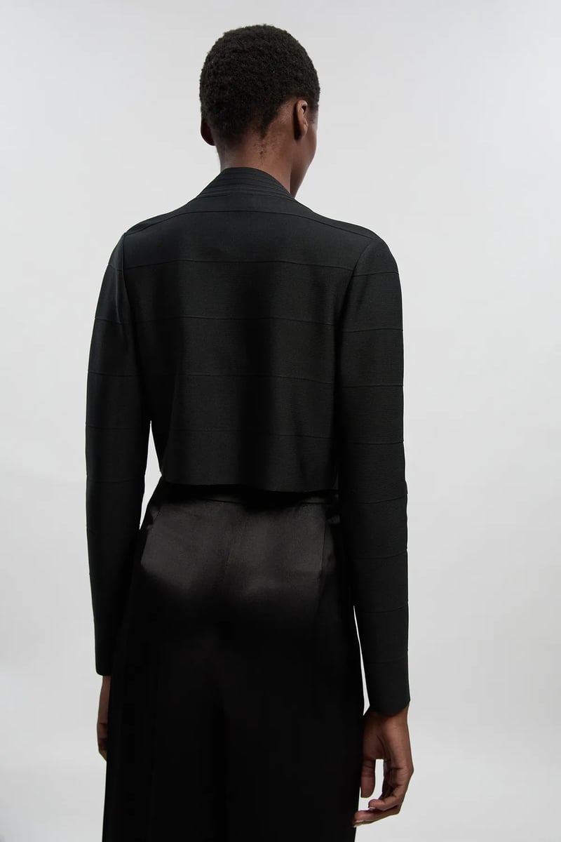 Black Cropped Lapel Jacket with Crystal Shoulder Embellishment