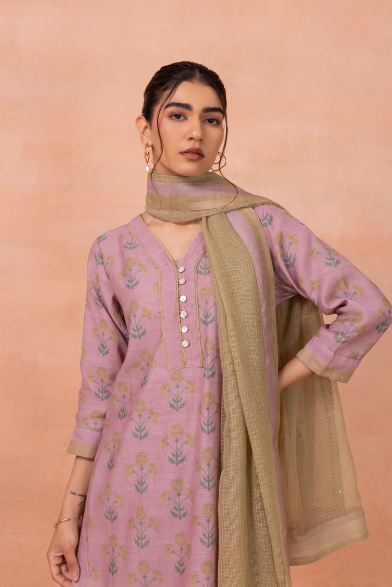 Purple Floral Printed Straight Kurta Set with Dupatta