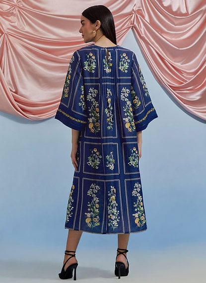 A.F Blue Floral Printed A-Line Kurta with Pleats