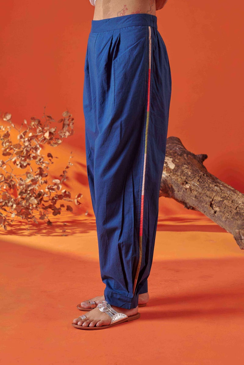 Blue Cotton Relaxed Fit Tapered Pants with Side Piping
