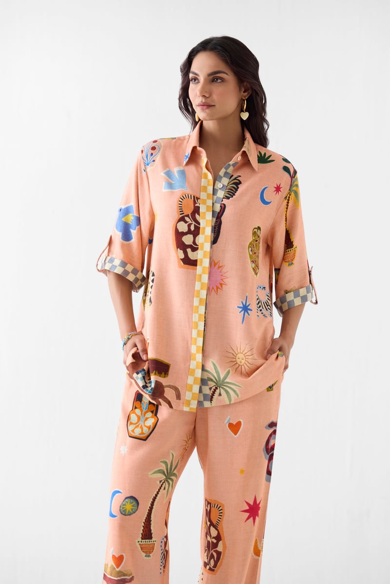 Peach Printed Linen Shirt and Wide-Leg Trousers Co-ord Set