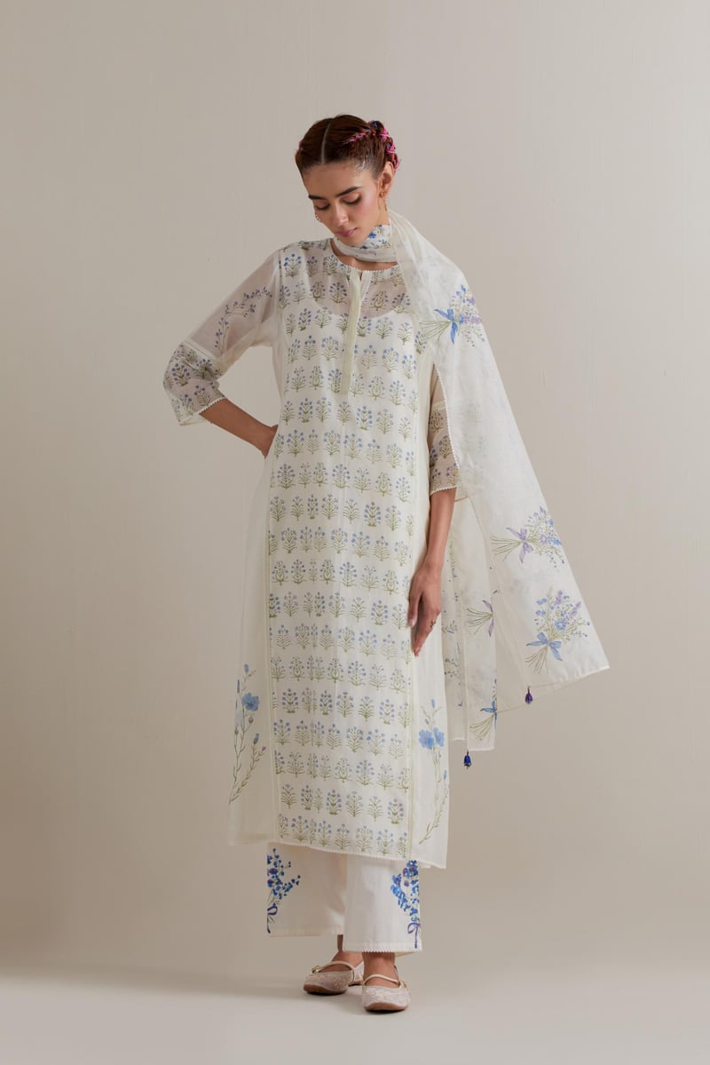 Off-White Floral Block Print Cotton Chanderi Kurta Set — Upavita