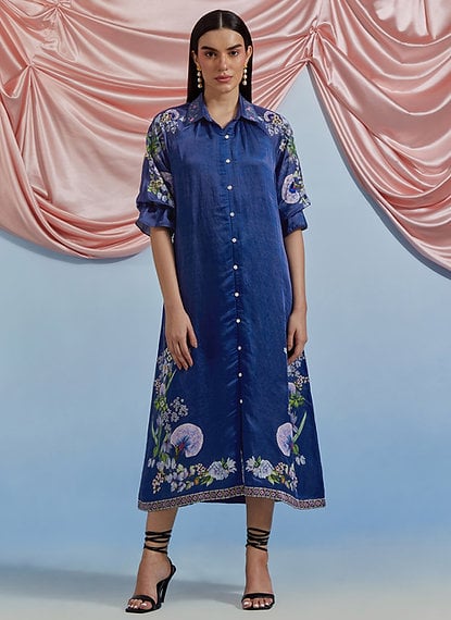 A.F Blue Belted Shirt Midi Dress with Floral Motifs