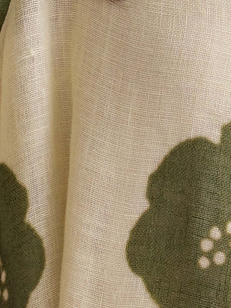 Green Poppy Gauze Linen Floral Midi Dress