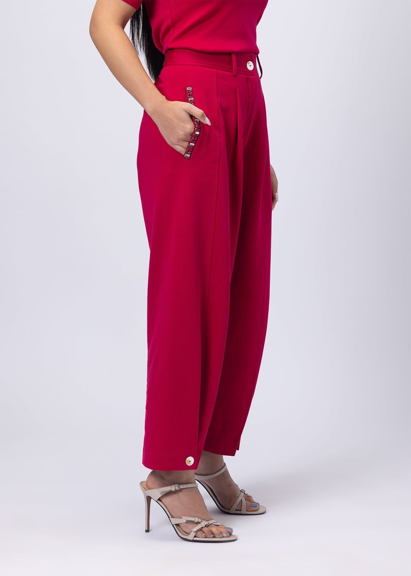 Raspberry Pink High-Rise Barrel-Leg Trousers