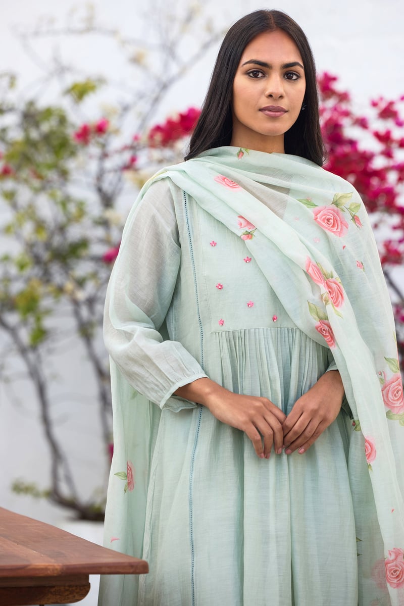 Ice Blue Hand-Painted Floral A-Line Kurta Set