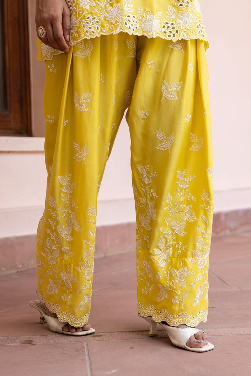 Yellow Cutwork Embroidered Tunic and Farshi Pants Co-ord Set