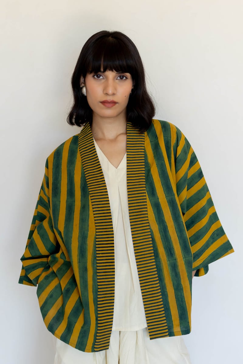 Moss Leaf Cotton Striped Open-Front Cape Shrug