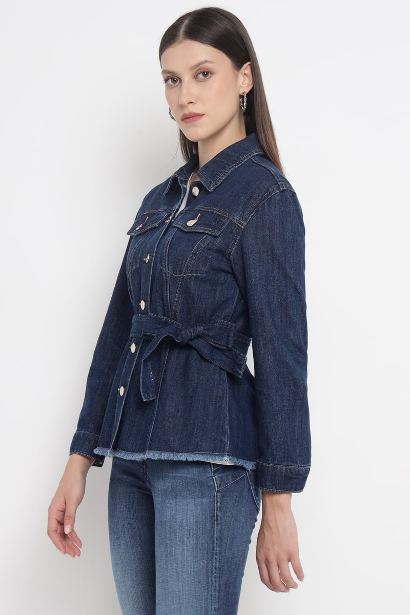 Blue Denim Belted Button-Through Blouse