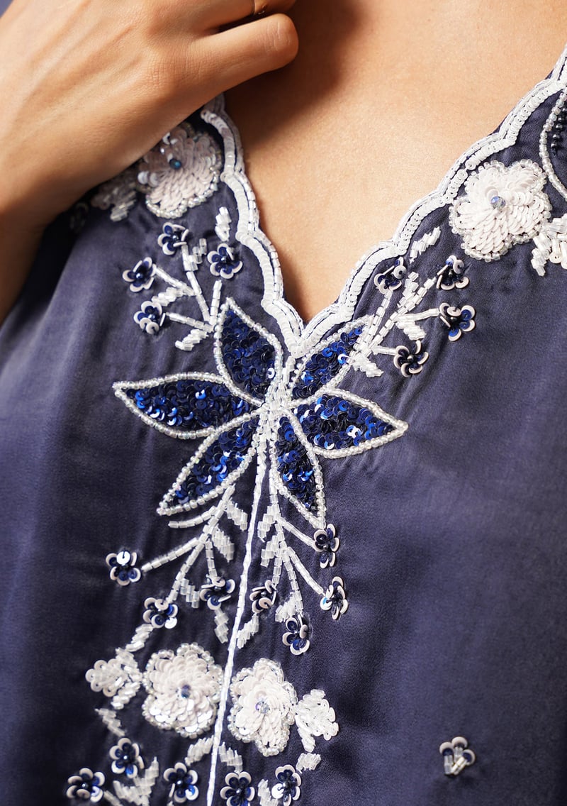 Navy Satin Embellished Kaftan Co-ord Set with Pants