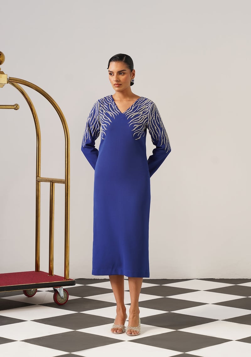 Blue Cutdana-Embellished V-Neck Midi Dress — AMOSHI
