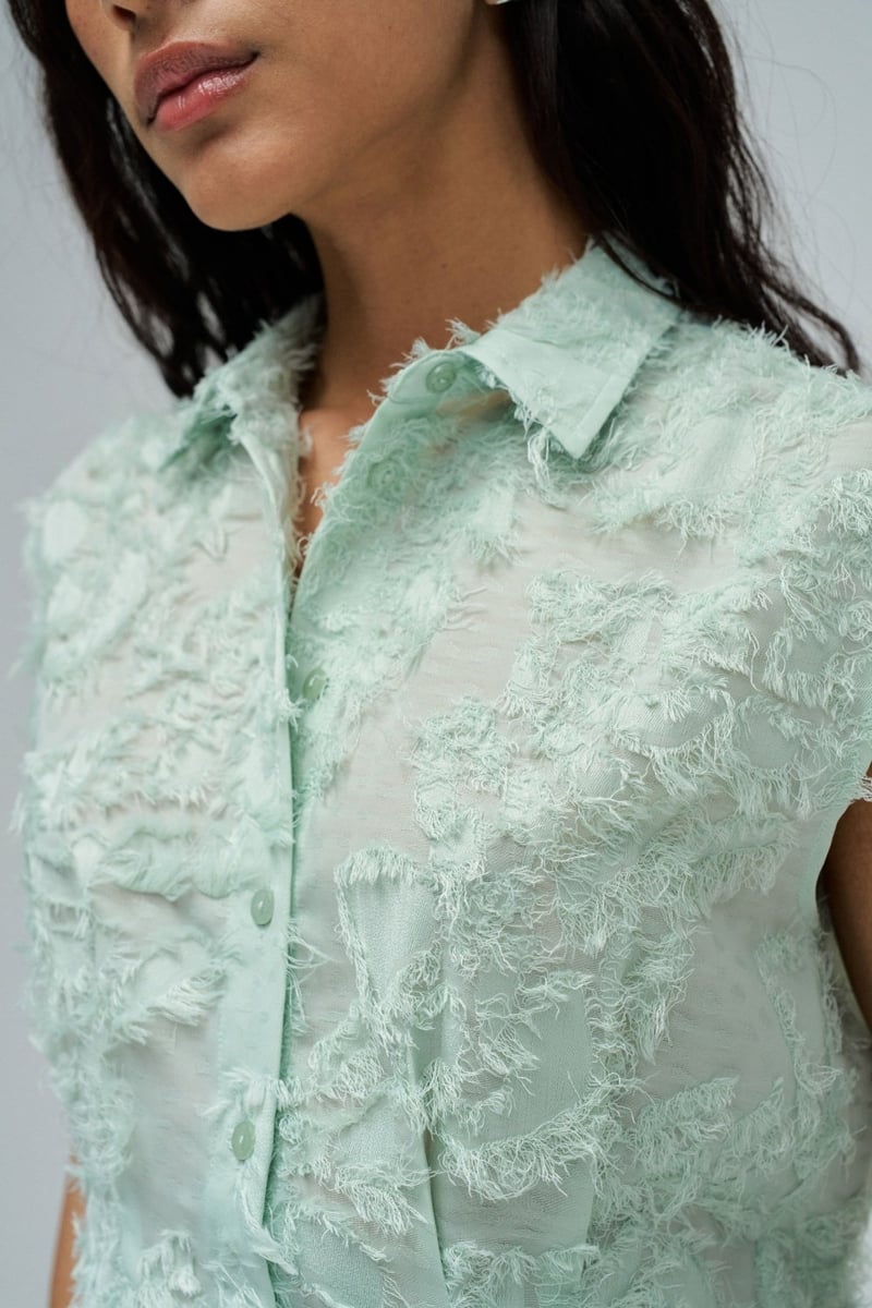 Light Green Textured Sleeveless Button-Down Shirt