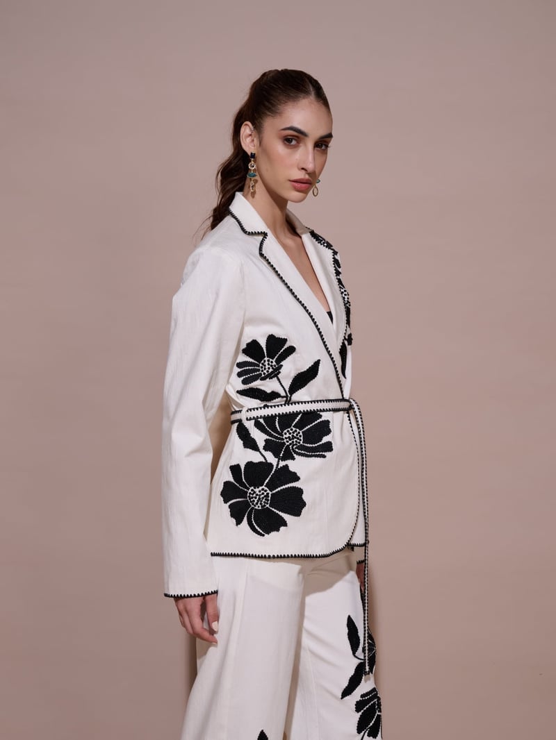 White Belted Embroidered Tailored Blazer
